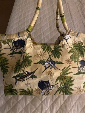 ❤️ 3 for 12Guy Harvey Tropical Palm & Marlin Print shoulder Bag in Beige/green